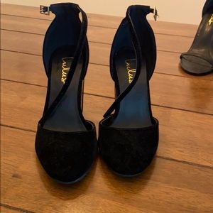 Black velvet ankle strap heels